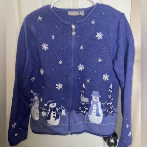Croft & Barrow Winter Snowman Full Zip Cardigan Sweater Women’s small Blue Xmas